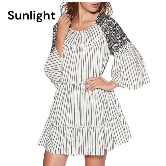 Free People XS Black/White Embroidered Boho Stripe Mini Dress Tassel Tie Back - Picture 1 of 12